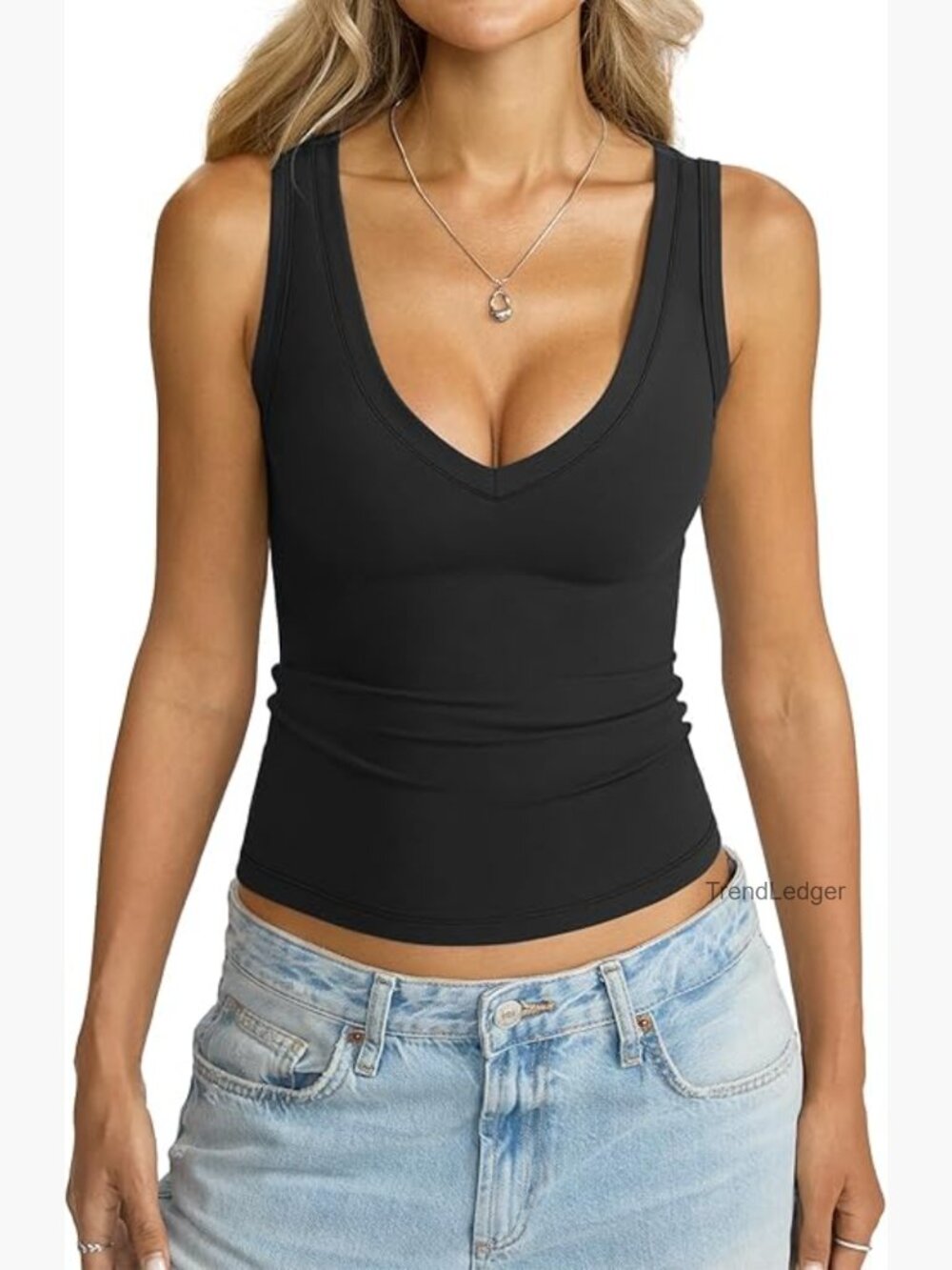Slim Fit V-Neck Tank Top, Polyester Blend, Summer Going Out Top
